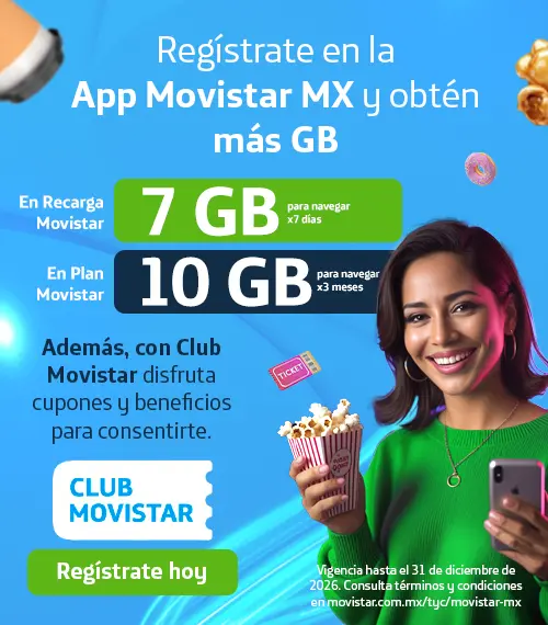 Club Movistar: Regístrate en la app y obtén cupones de comida, cine y más. Recibe más gigas: Recarga 7GB por 7 días o elige Planes de 1GB por 30 días