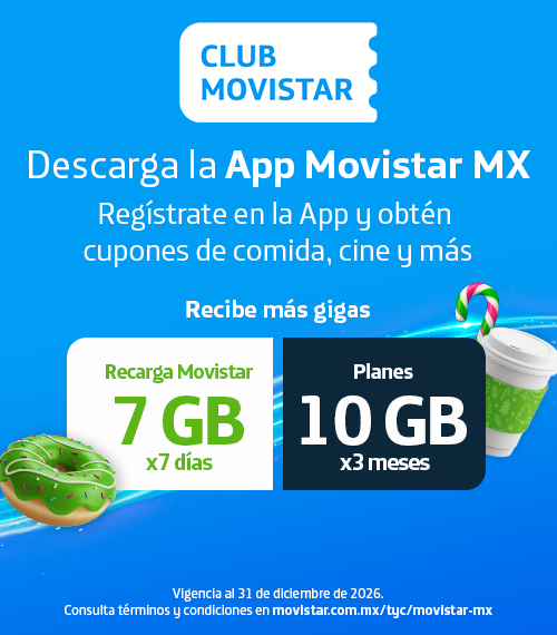 Club Movistar: Regístrate en la app y obtén cupones de comida, cine y más. Recibe más gigas: Recarga 7GB por 7 días o elige Planes de 1GB por 30 días