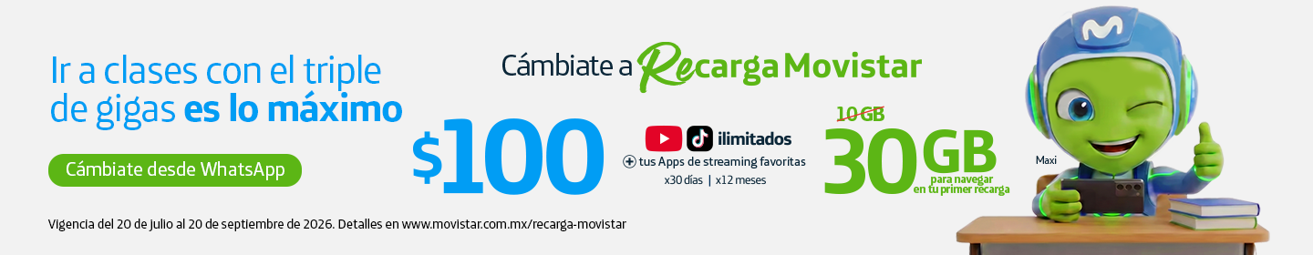 Triple de Gigas con tu Recarga de $100 | Movistar Ve a clases con triple de gigas al recargar $100 en Movistar. Obtén 30GB en tu primera recarga y disfruta YouTube y TikTok ilimitados