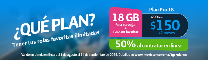 Tus rolas favoritas ilimitadas con 18GB para navegar y Apps favoritas. Por $150 MXN los primeros 2 meses, después $299 MXN. 50% de descuento al contratar en línea