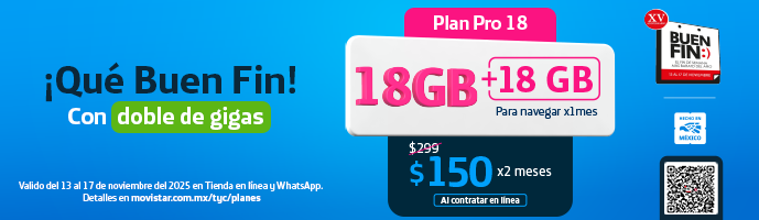 Banner Xolito Plan Pro 18 de Movistar México con 18GB más 10GB por 3 meses y 50% de descuento al contratar en línea