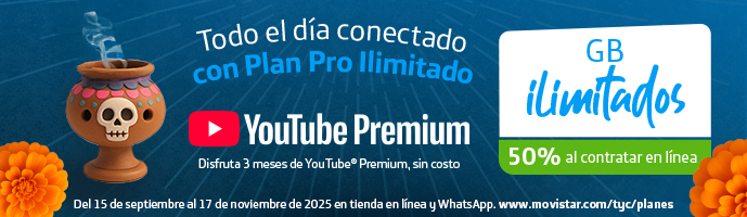 Plan Pro Ilimitado Movistar con GB ilimitados 50% de descuento al contratar en línea y 3 meses gratis de YouTube Premium