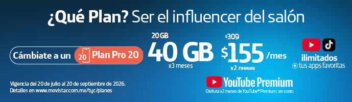 Contrata el Plan Pro 20 de Movistar y recibe el doble de gigas (40 GB) por 3 meses. Incluye YouTube y TikTok ilimitados + tus apps favoritas
