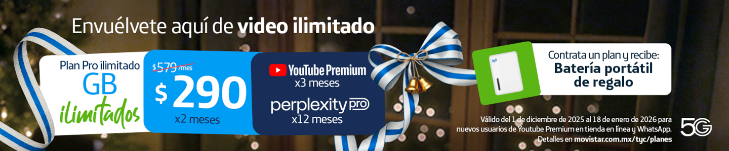 Disfruta video ilimitado con el Plan Pro Ilimitado Movistar. GB ilimitados, red 5G y YouTube Premium por solo $290 al mes.