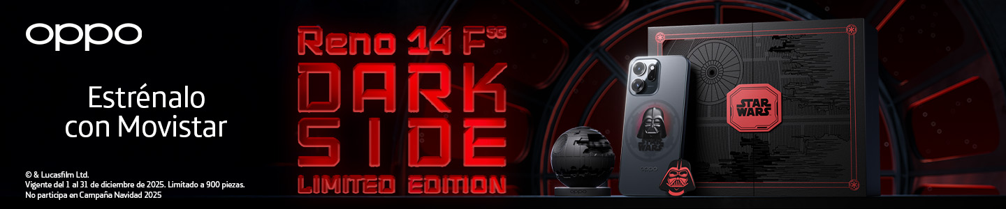 Smartphone OPPO Reno 14 F 5G edición limitada Dark Side disponible exclusivamente con Movistar del 18 noviembre al 31 diciembre 2025 México
