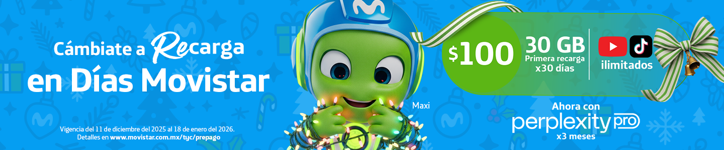 Oferta de recarga Movistar: Recarga $100 y obtén 30 GB en total (6GB + 24GB de regalo), más Perplexity Pro por 3 meses