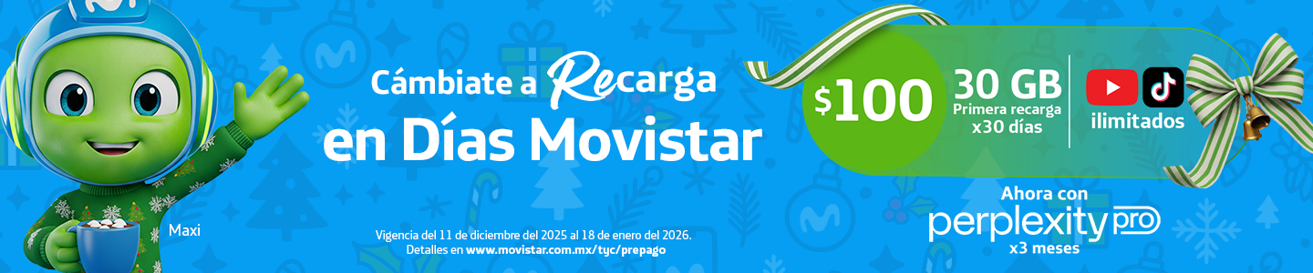 Oferta de recarga Movistar: Recarga $100 y obtén 30 GB en total (6GB + 24GB de regalo), más Perplexity Pro por 3 meses