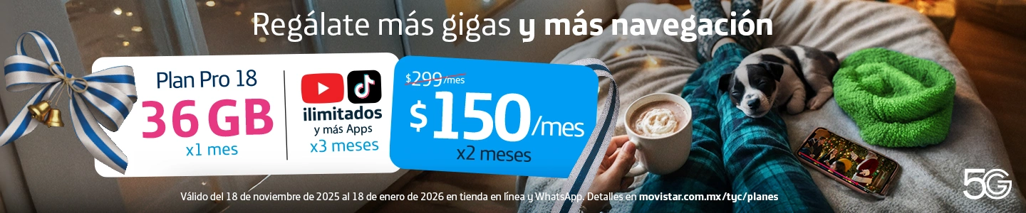 Regálate 36GB, red 5G y APPs ilimitadas por solo $150 al mes. ¡Más gigas y más navegación para ti!