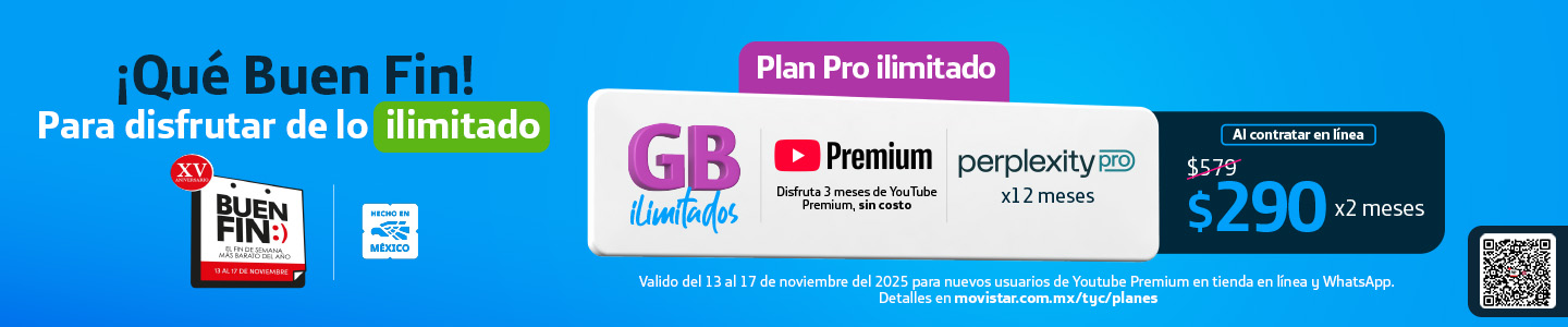 Buen Fin Movistar Plan Pro Ilimitado con YouTube Premium 3 meses y Perplexity Pro 12 meses por $290 al contratar en línea del 13 al 17 de noviembre 2025