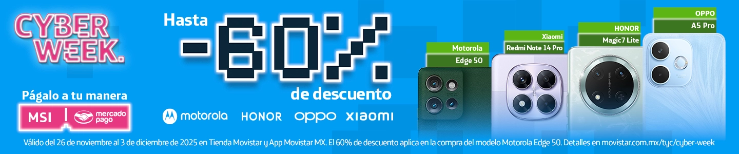 CYBER WEEK Movistar: Hasta 60% de descuento y MSI en smartphones Motorola, HONOR, OPPO y XIAOMI. Ofertas por tiempo limitado