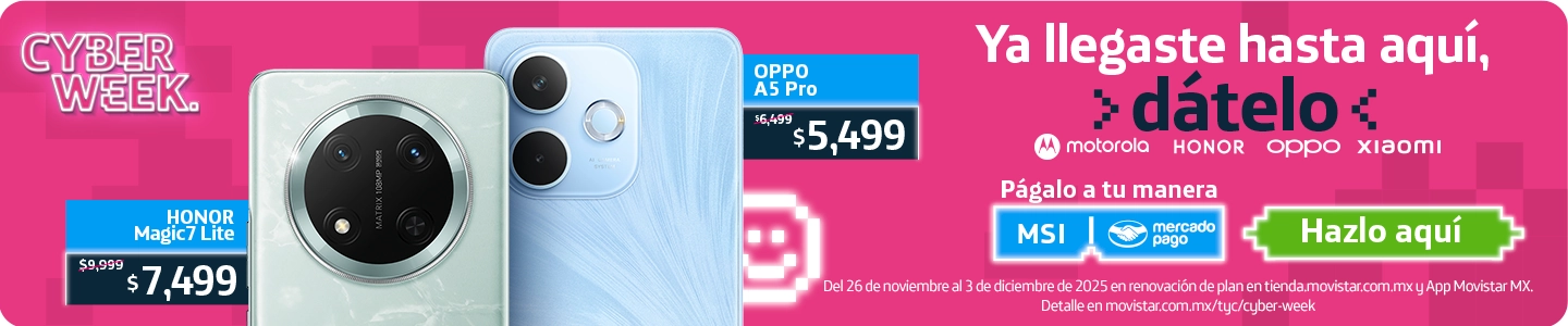 Oferta en smartphones OPPO y HONOR a meses sin intereses. Estrena el HONOR Magic7 Lite o el OPPO A5 Pro con Movistar México.