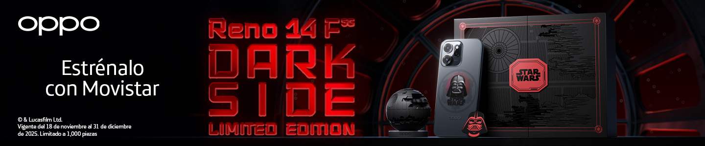 Smartphone OPPO Reno 14 F 5G edición limitada Dark Side disponible exclusivamente con Movistar del 18 noviembre al 31 diciembre 2025 México