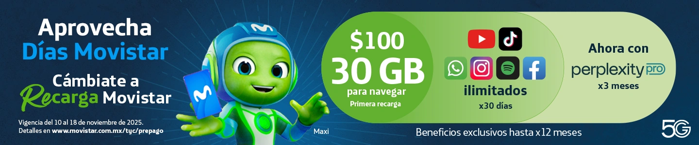 Recarga Movistar $100 con 30GB y apps ilimitadas 30 días, beneficios 5G y Perplexity 3 meses, vigencia 10 al 18 de nov