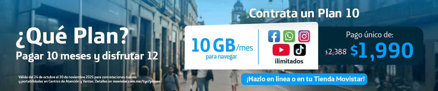 Plan 10 con 10GB y apps ilimitadas, paga 10 meses y disfruta 12, precio único $1990, vigencia de octubre a noviembre 2025