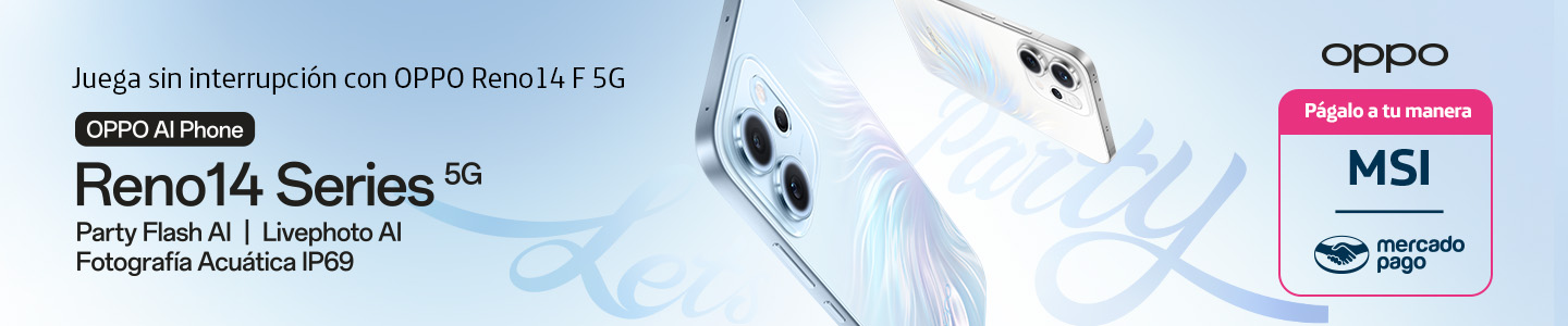 Smartphone OPPO Reno 14 F 5G con IA integrada, resistencia IP69 para fotografía acuática y disponible a MSI o Mercado Pago en Movistar