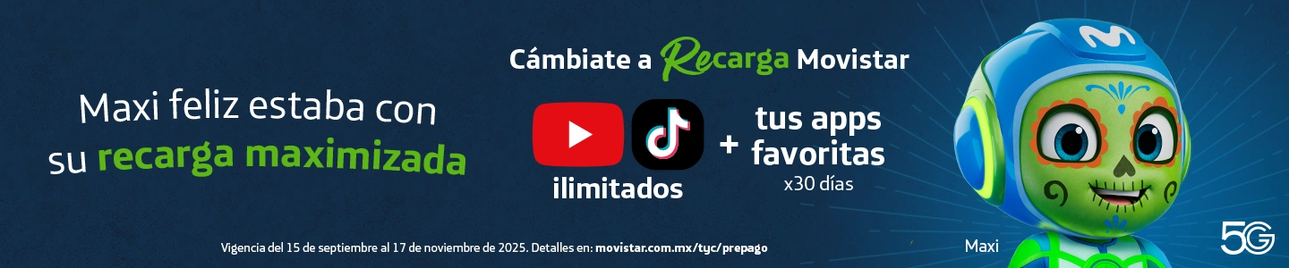 Recarga Movistar con YouTube y TikTok ilimitados más Apps favoritas por 30 días en red 5G, promoción vigente del 15 de septiembre al 17 de noviembre 2025