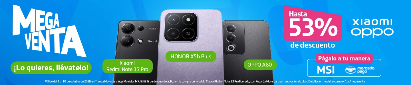 Megaventa Movistar: Xiaomi Redmi Note 13 Pro, HONOR X5b Plus y OPPO A80 con hasta 53% descuento. Válido 1-10 octubre