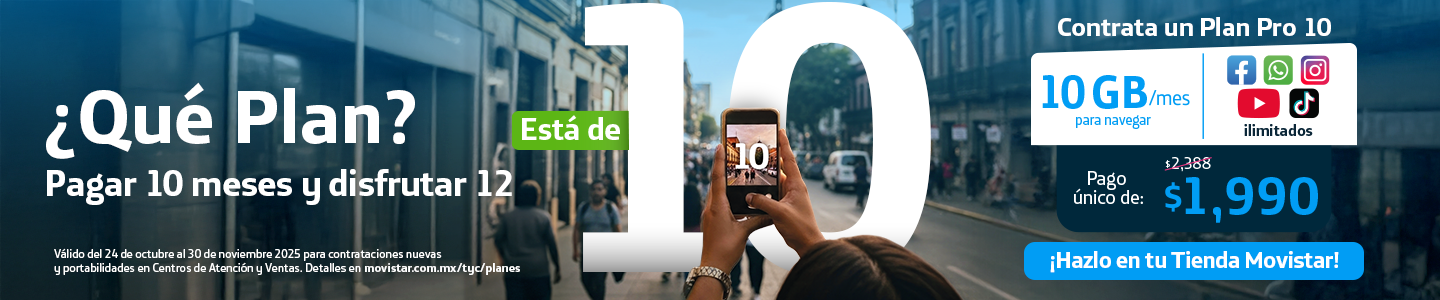 Plan Pro 10 con 10GB y apps ilimitadas, paga 10 meses y disfruta 12, precio único $1990, vigencia de octubre a noviembre 2025