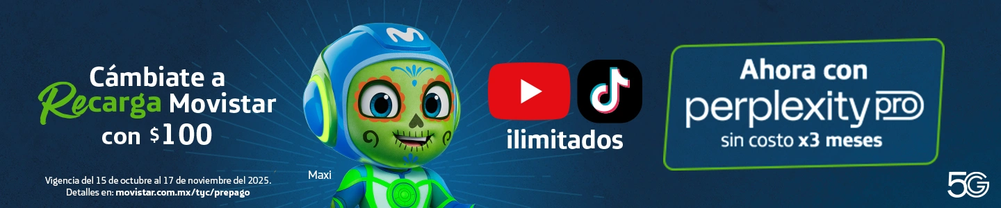 Banner de Recarga Movistar $100 con YouTube y TikTok ilimitados y Perplexity PRO gratis por 3 meses. Vigencia del 15 oct al 17 nov 2025