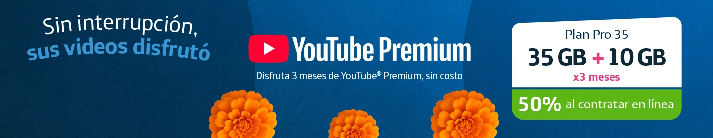 Plan Pro 35 Movistar con 35GB más 10GB adicionales por 3 meses y 50% de descuento en contratación en línea, incluye 3 meses gratis de YouTube Premium