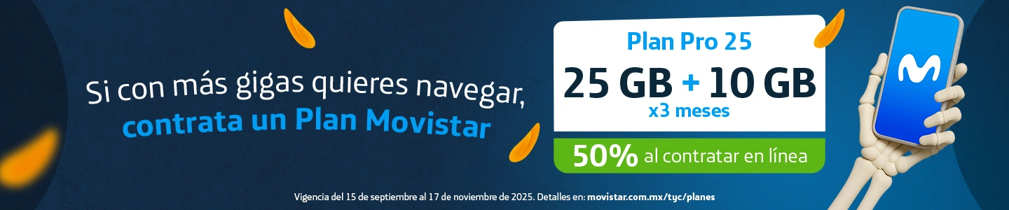 Plan Pro 25GB con 25GB más 10GB por tres meses, 50% descuento en contratación online y YouTube Premium gratis, vigente hasta noviembre 2025