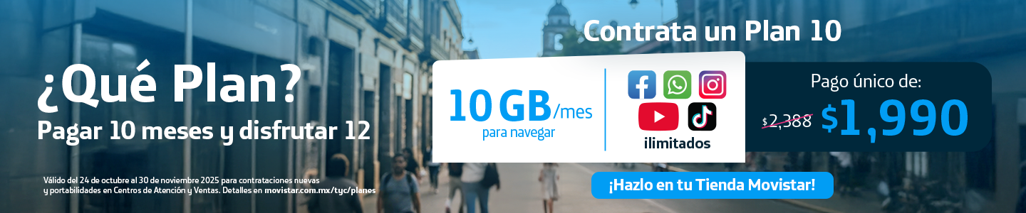Plan 10 con 10GB y apps ilimitadas, paga 10 meses y disfruta 12, precio único $1990, vigencia de octubre a noviembre 2025