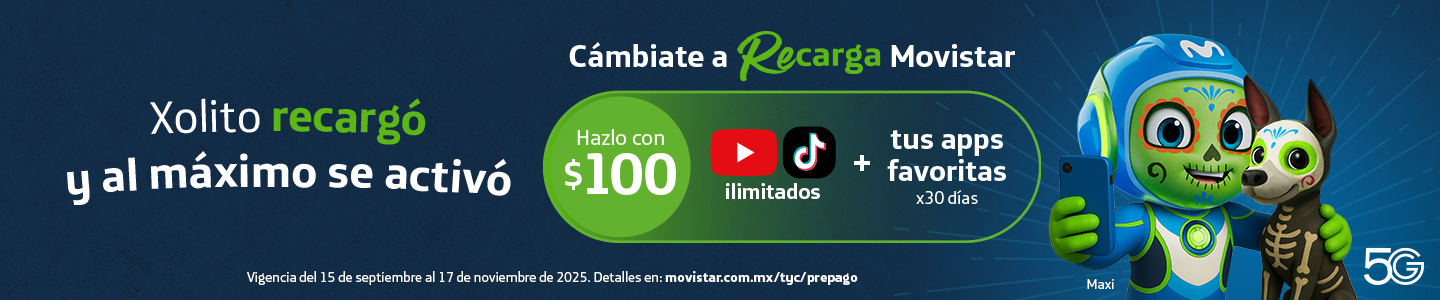 Recarga Movistar $100 con YouTube y TikTok ilimitados más apps favoritas por 30 días