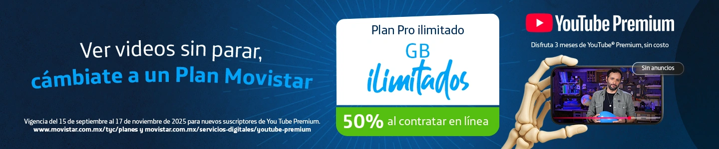 Plan Pro ilimitado Movistar con GB ilimitados a $290 por dos meses y YouTube Premium gratis por 3 meses