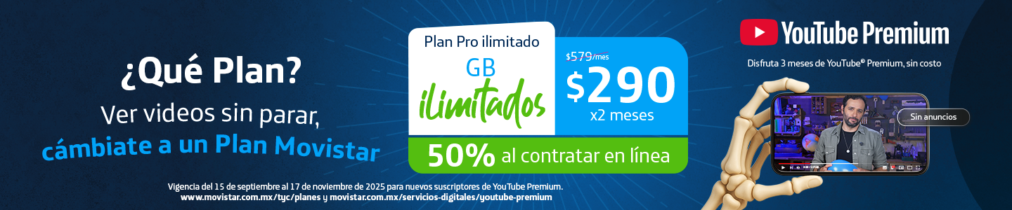 Plan Pro ilimitado Movistar con GB ilimitados a $290 por dos meses y YouTube Premium gratis por 3 meses