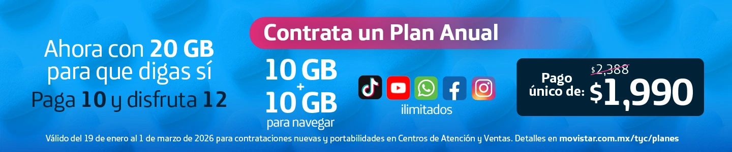 Oferta Plan Anual Movistar con 20GB, YouTube y TikTok ilimitados. Contrata y ahorra, de $2388 a solo $1990. ¡Navega sin límites!