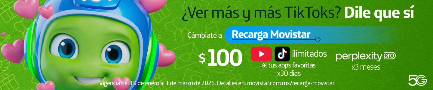 Con la Recarga Movistar de $100 obtén YouTube y TikTok ilimitados, tus apps favoritas por 30 días y Perplexity Pro con la red 5G