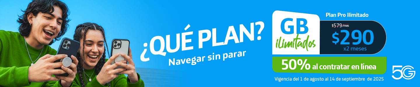 Plan de navegación con GB ilimitados por $290 MXN los primeros dos meses, luego $579 al mes. Incluye 50% de descuento al contratar en línea.