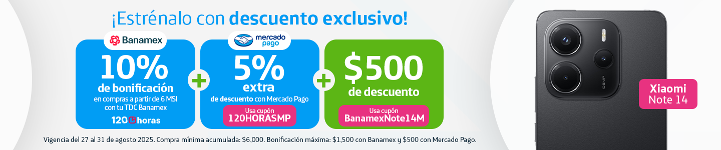 Xiaomi Note 14: Descuento exclusivo. 10% bonificación Banamex (MSI) + 5% extra Mercado Pago (cupón 120HORASMP) + $500 MXN (cupón BanamexNote14M)