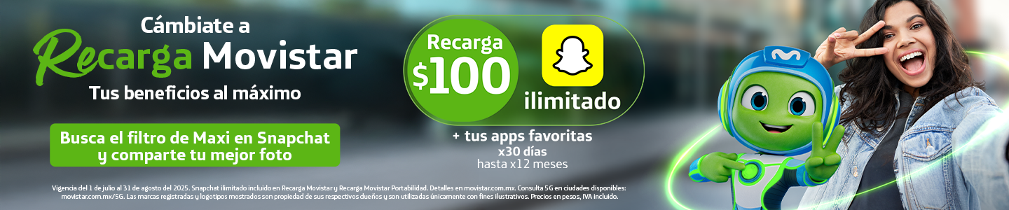 Cámbiate a Recarga de $100 MXN con Snapchat ilimitado y Apps favoritas por 30 días, hasta por 12 meses. Descubre el filtro Maxi en Snapchat.