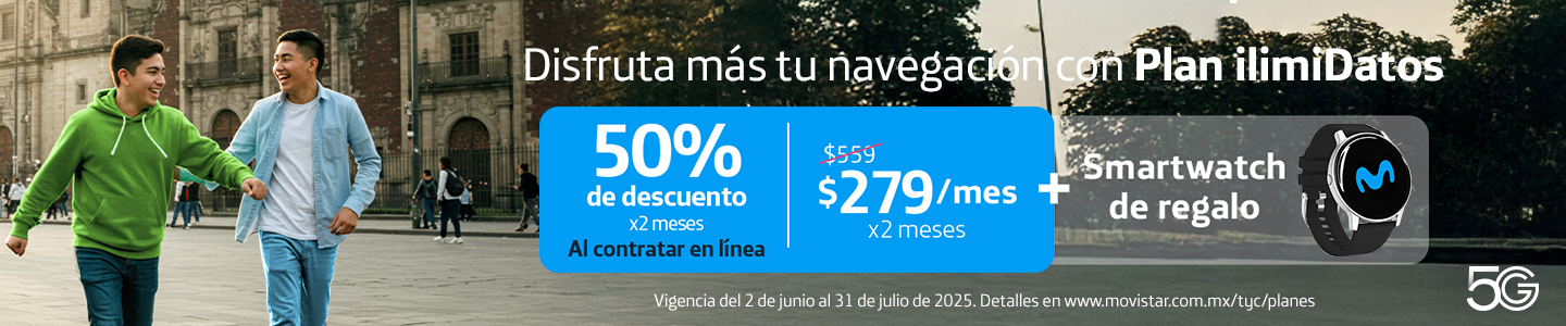 Disfruta más tu navegación con el Plan Ilimitado, 50% de descuento por dos meses. Contrata en línea a $279 MXN al mes durante dos meses