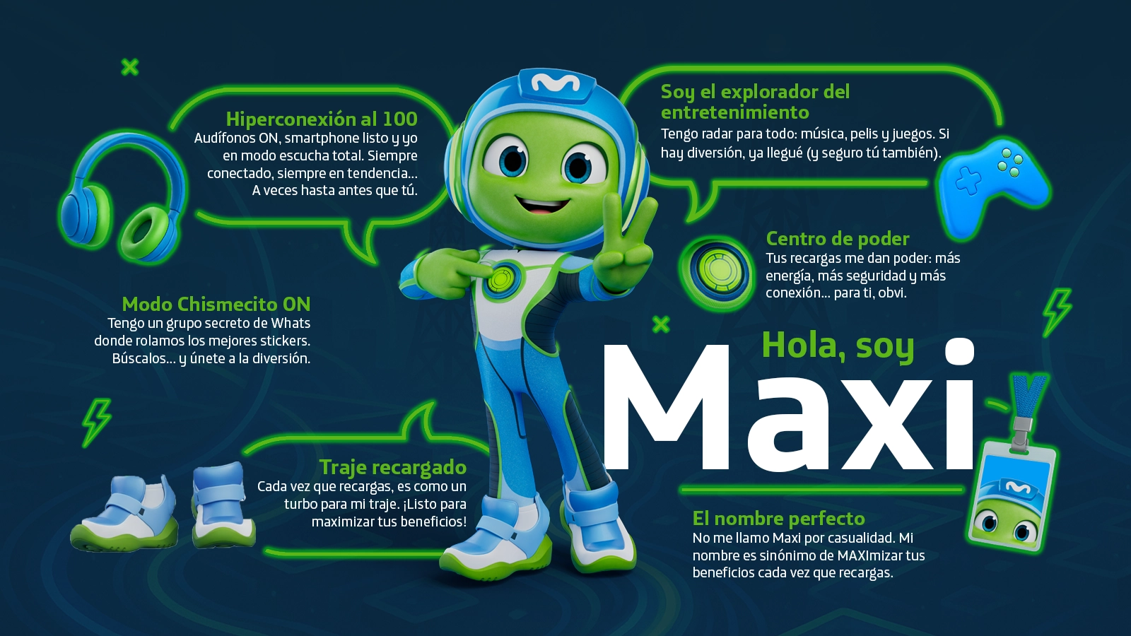 Maxi de Movistar, rodeado de efectos de energía verde y símbolos de entretenimiento, representando maximización de beneficios de recarga