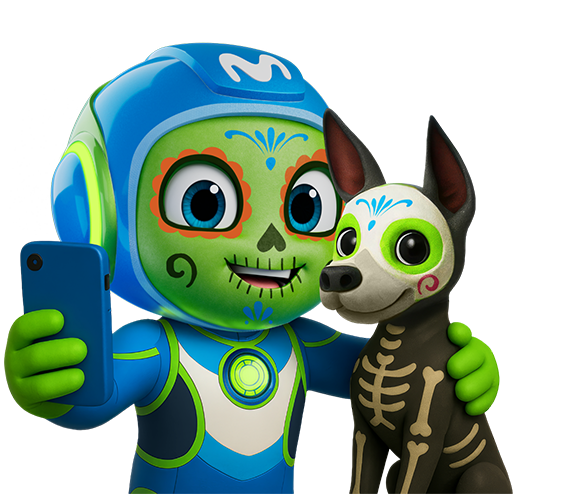 Maxi carita pintada de calavera junto a un perro xoloitzcuintle