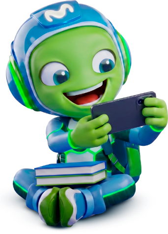 Personaje ilustrado sentado sosteniendo un celular de manera alegre