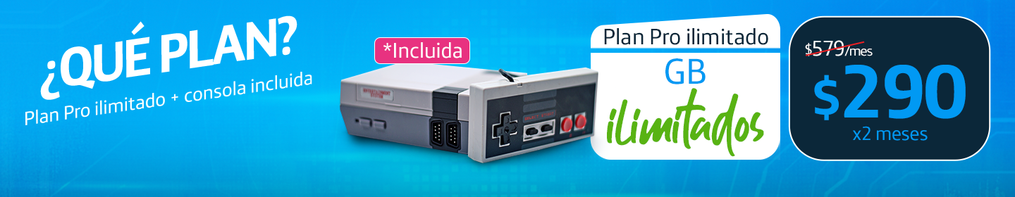 Plan Pro Ilimitado con Consola: GB ilimitados. Precio inicial: $290/mes por 2 meses