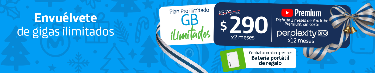 Oferta Plan Pro Ilimitado Movistar: GB ilimitados por $290/mes. Incluye YouTube Premium, Perplexity Pro y una batería portátil de regalo