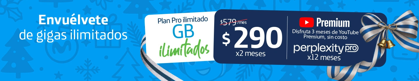 Plan Pro Ilimitado: Gigas ilimitados por $290 por 2 meses con YouTube Premium 3 meses y Perplexity Pro 12 meses. Válido Nov 2025 - Ene 2026