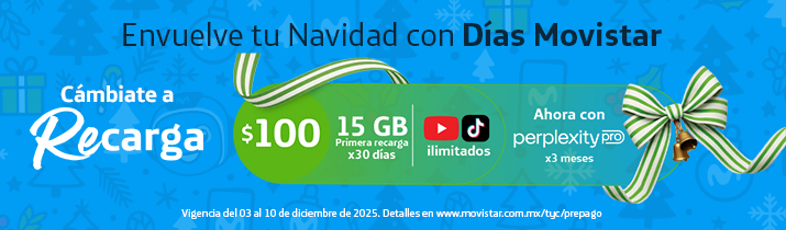 Portabilidad Movistar: Tu primera recarga de $100 te da 15 GB. Trae tu número a Movistar y recibe 15 GB en total con tu primera recarga de $100, navegando en la red 5G