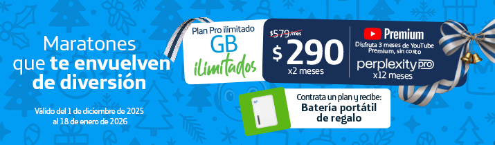 Contrata tu Plan Pro con Gigas ilimitados. Disfruta del Plan Pro Ilimitado. GB ilimitados y red 5G por $290/mes. Incluye regalo