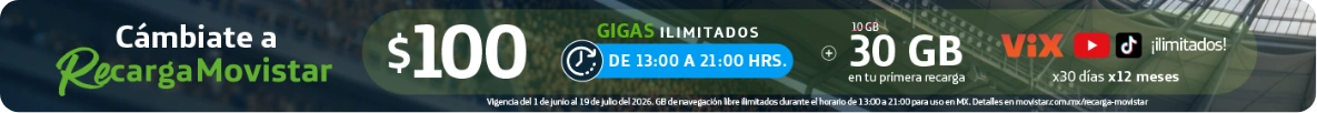 Recarga Movistar $100 con gigas ilimitados por la tarde y redes sociales incluidas. Obtén 30 GB extra en tu primera recarga
