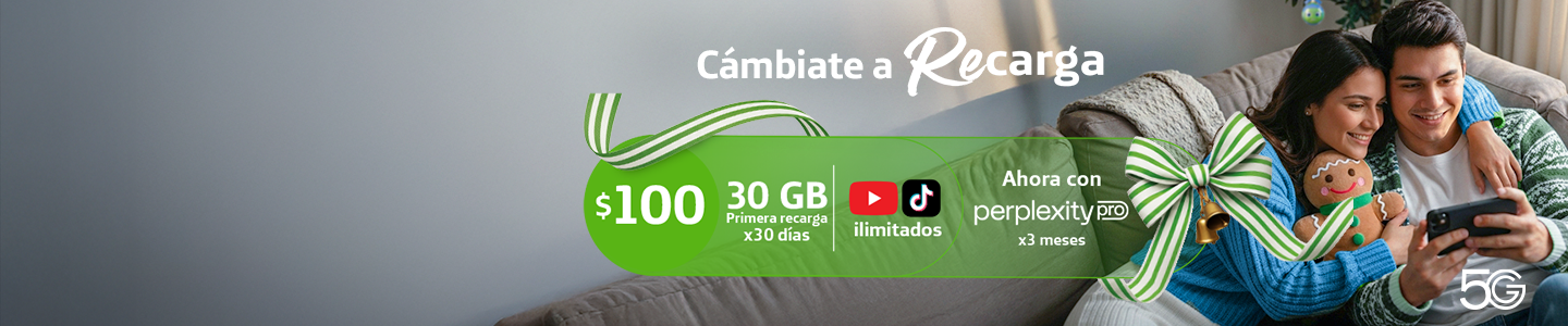 Recarga $100 y obtén 30 GB para disfrutar tu contenido favorito Recarga $100 y obtén 30 GB en total para navegar en la red 5G, más Perplexity Pro