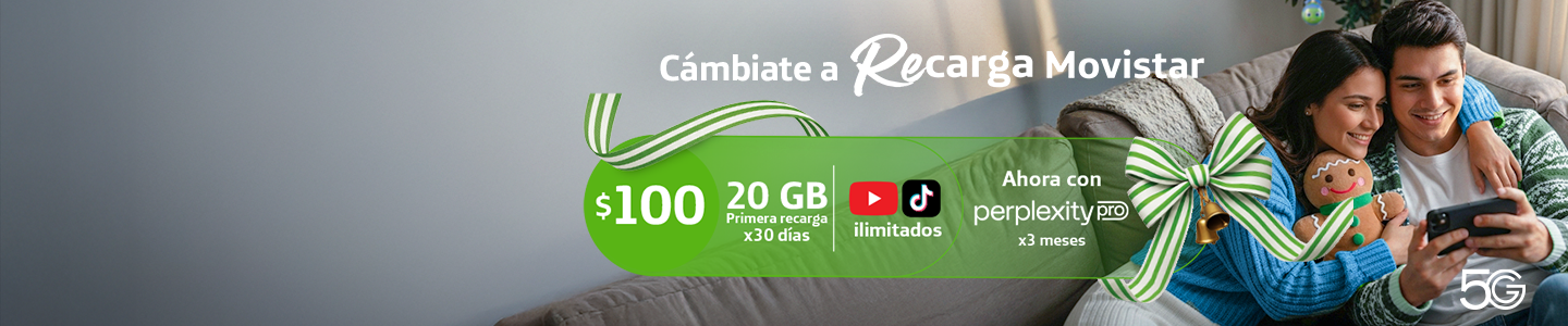 Descubre los beneficios de Recarga Movistar Días Movistar: Cámbiate a Recarga de $100 y obtén 20GB, YouTube y TikTok ilimitado, Perplexity PRO y red 5G