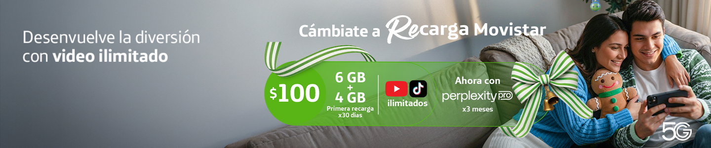 Recarga Movistar $100: Video ilimitado, 16GB, YouTube y TikTok ilimitados, 3 meses Perplexity Pro. Válido Noviembre 2025 a Enero 2026.