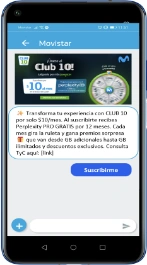 Paso 1: Recibe tu invitación RCS Smartphone mostrando un mensaje de invitación a Club 10 Movistar