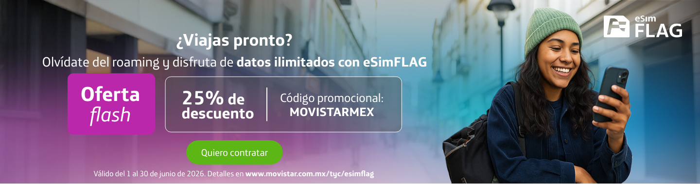 Banner de eSIM internacional para viajar conectado con datos ilimitados. Activa tu plan de viaje Movistar y navega sin preocupaciones.
